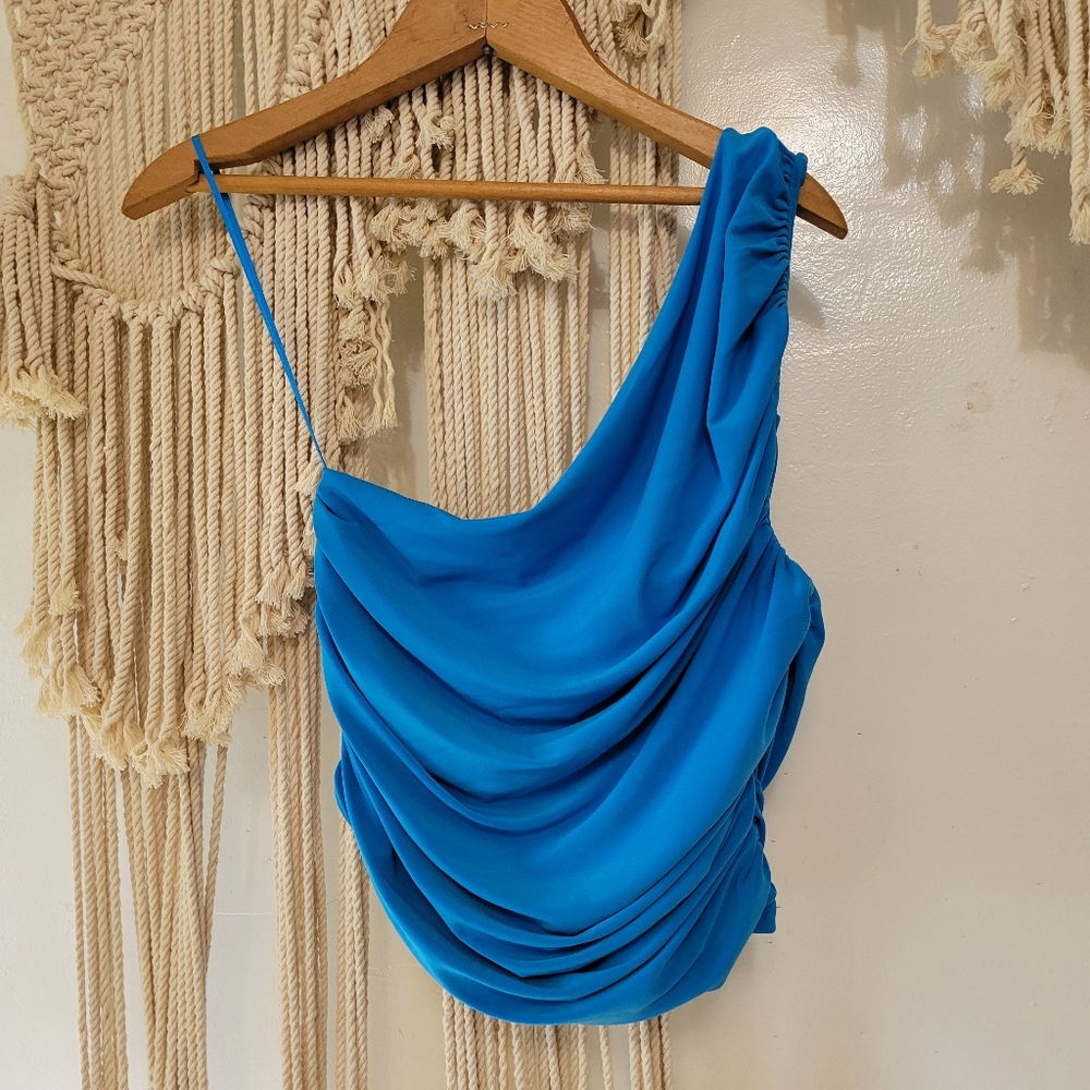 Express One Shoulder Ruched Blue Top Size Small